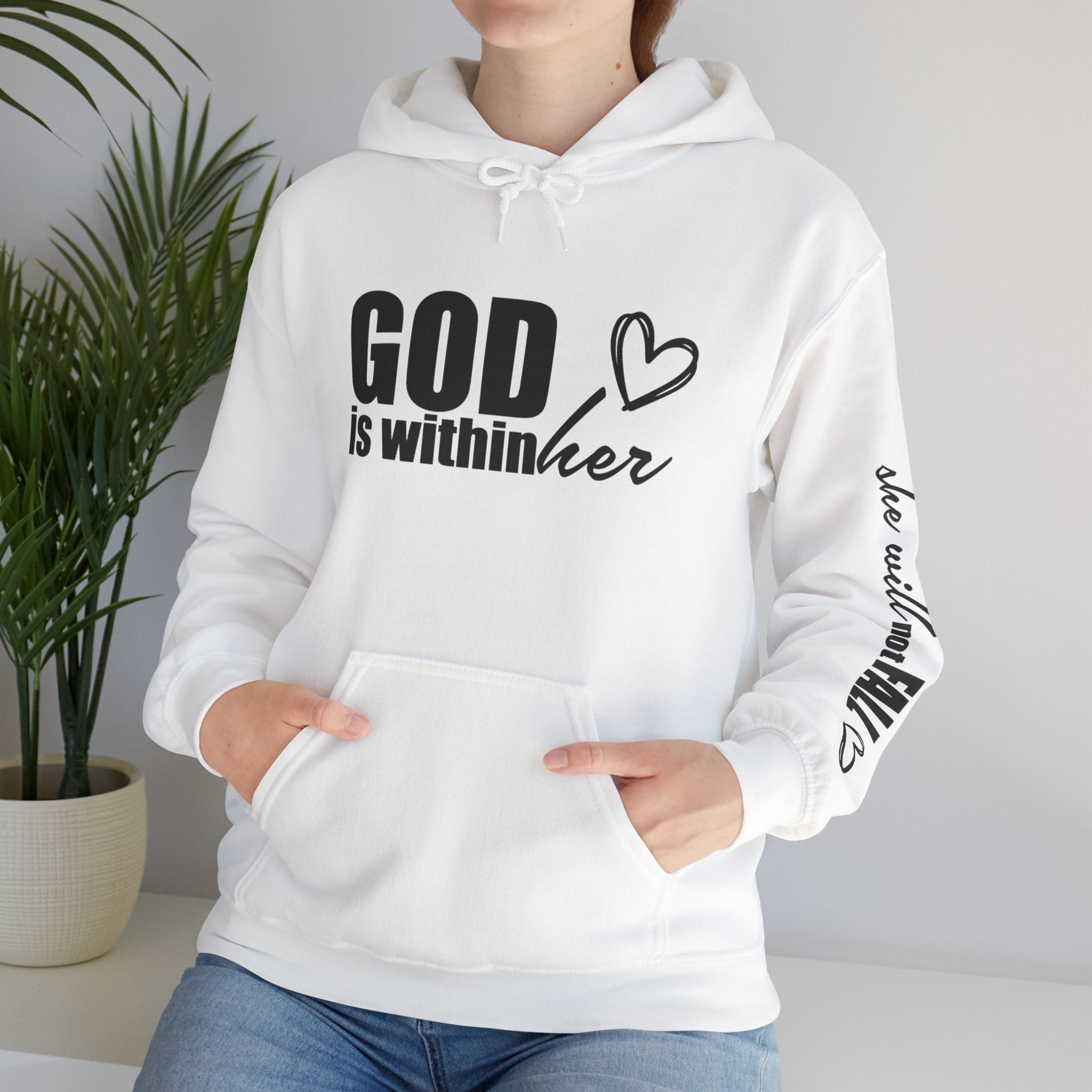 God is Within Her Hoodie | Faith Christian Heart Sleeve Design