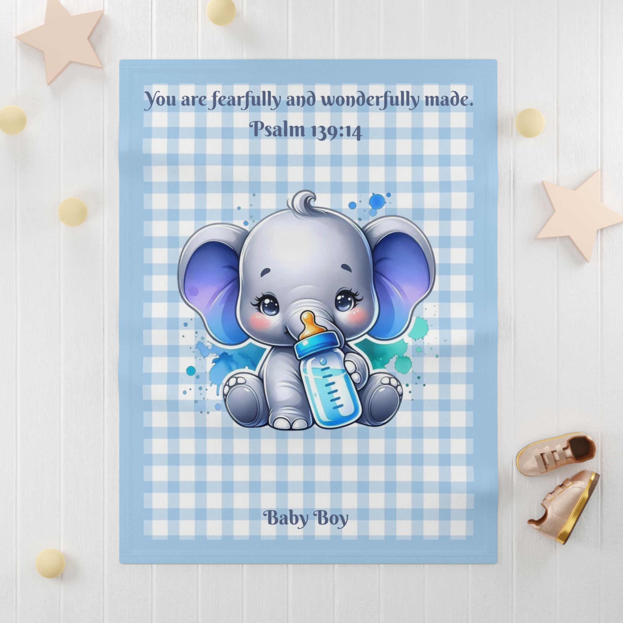 Boys Elephant Baby Blanket with "Psalm 139:14" Scripture