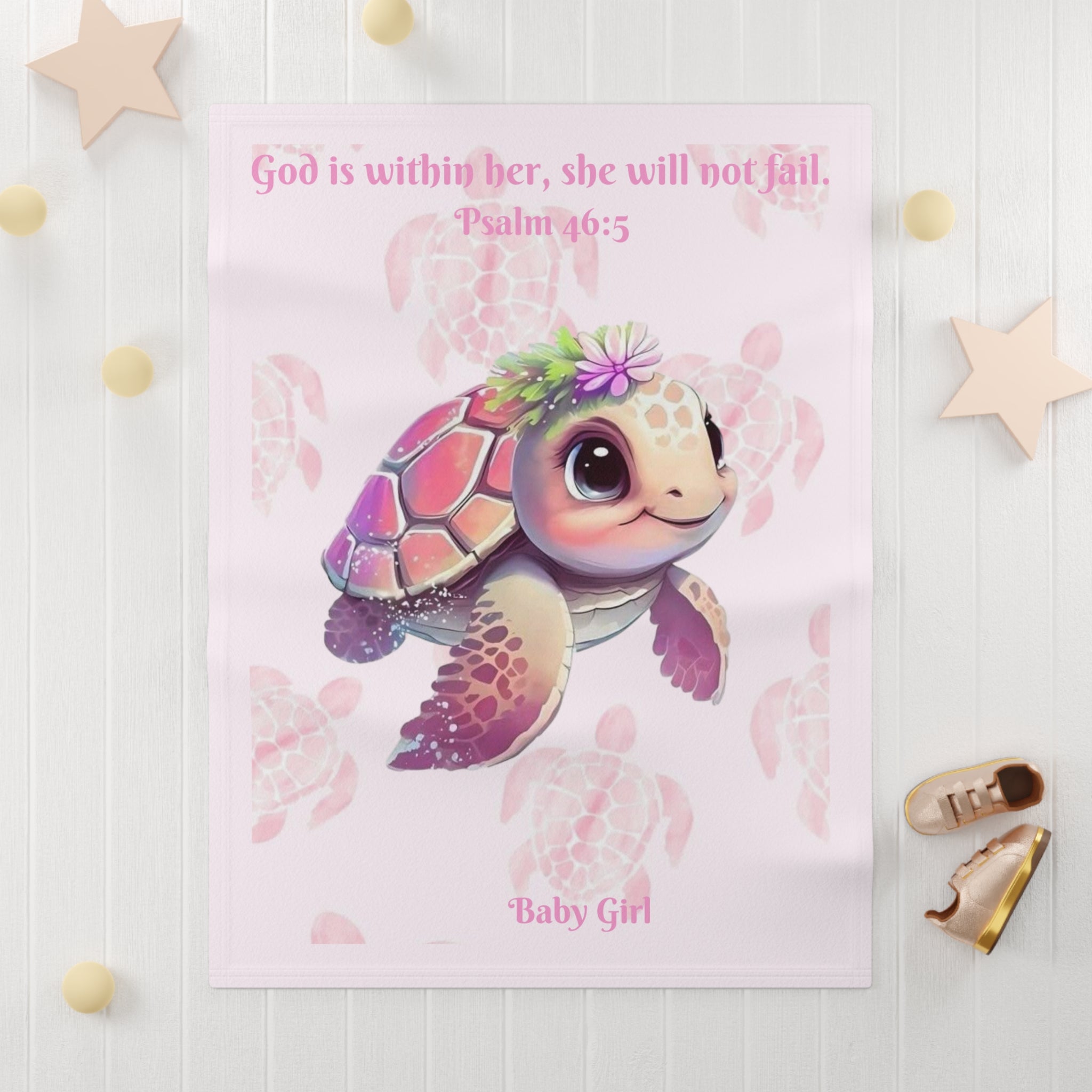 Girls Turtle Baby Blanket with "Psalm 46:5" Scripture