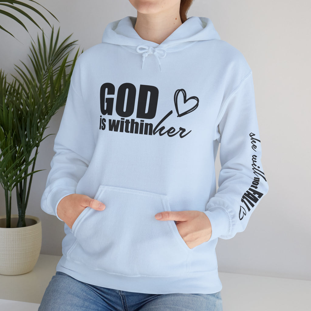 God is Within Her Hoodie | Faith Christian Heart Sleeve Design