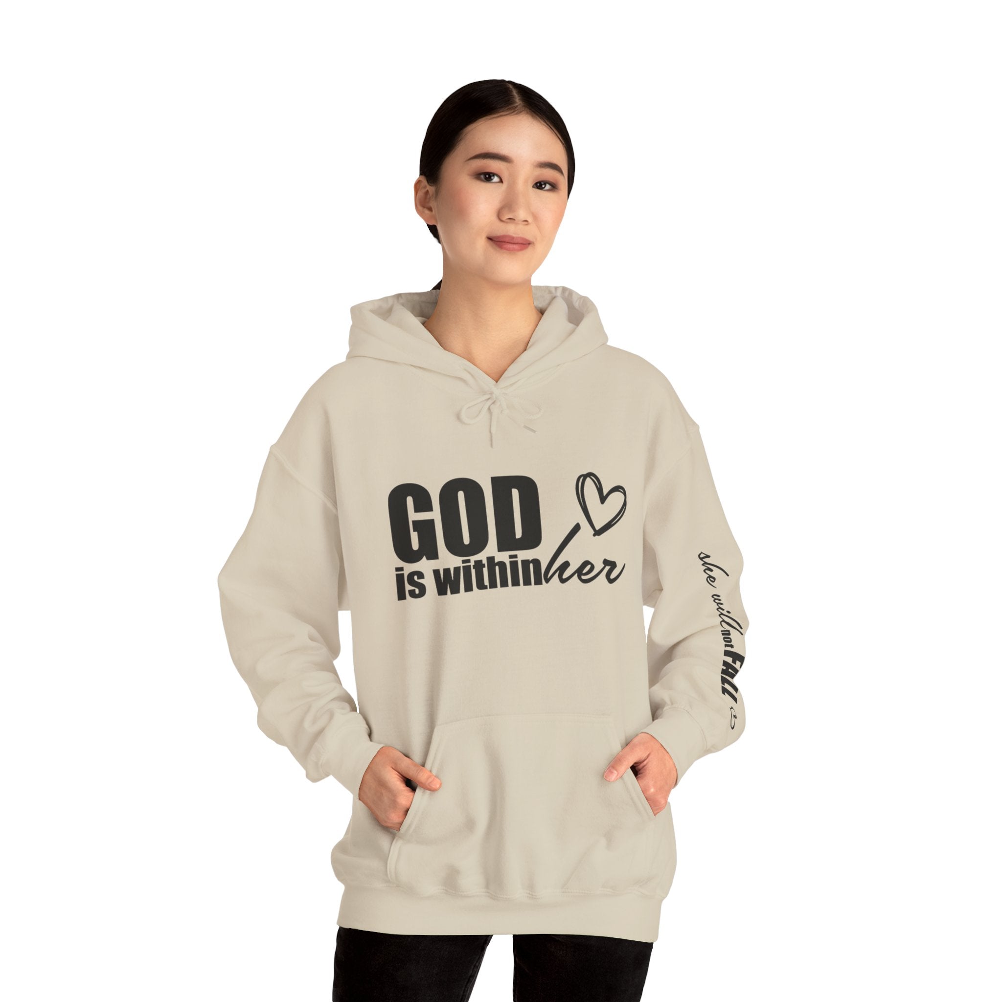 God is Within Her Hoodie | Faith Christian Heart Sleeve Design