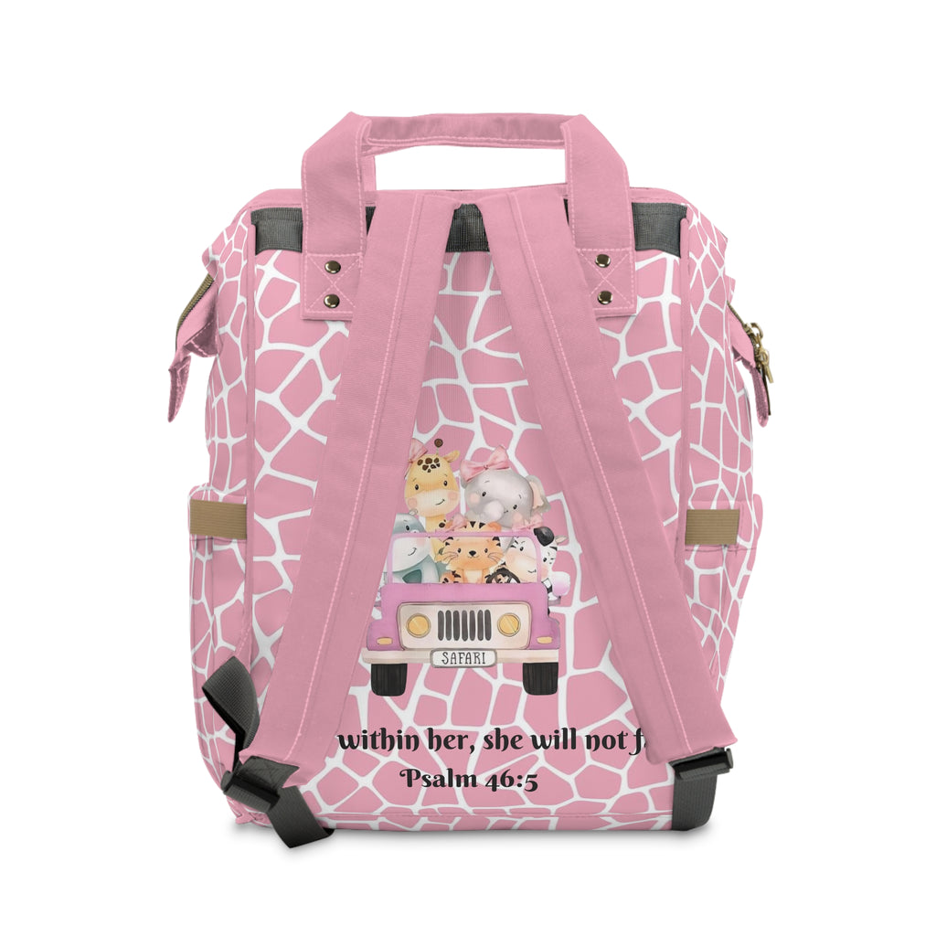 Girls Safari Baby Diaper Backpack with "Psalm 46:5" Scripture