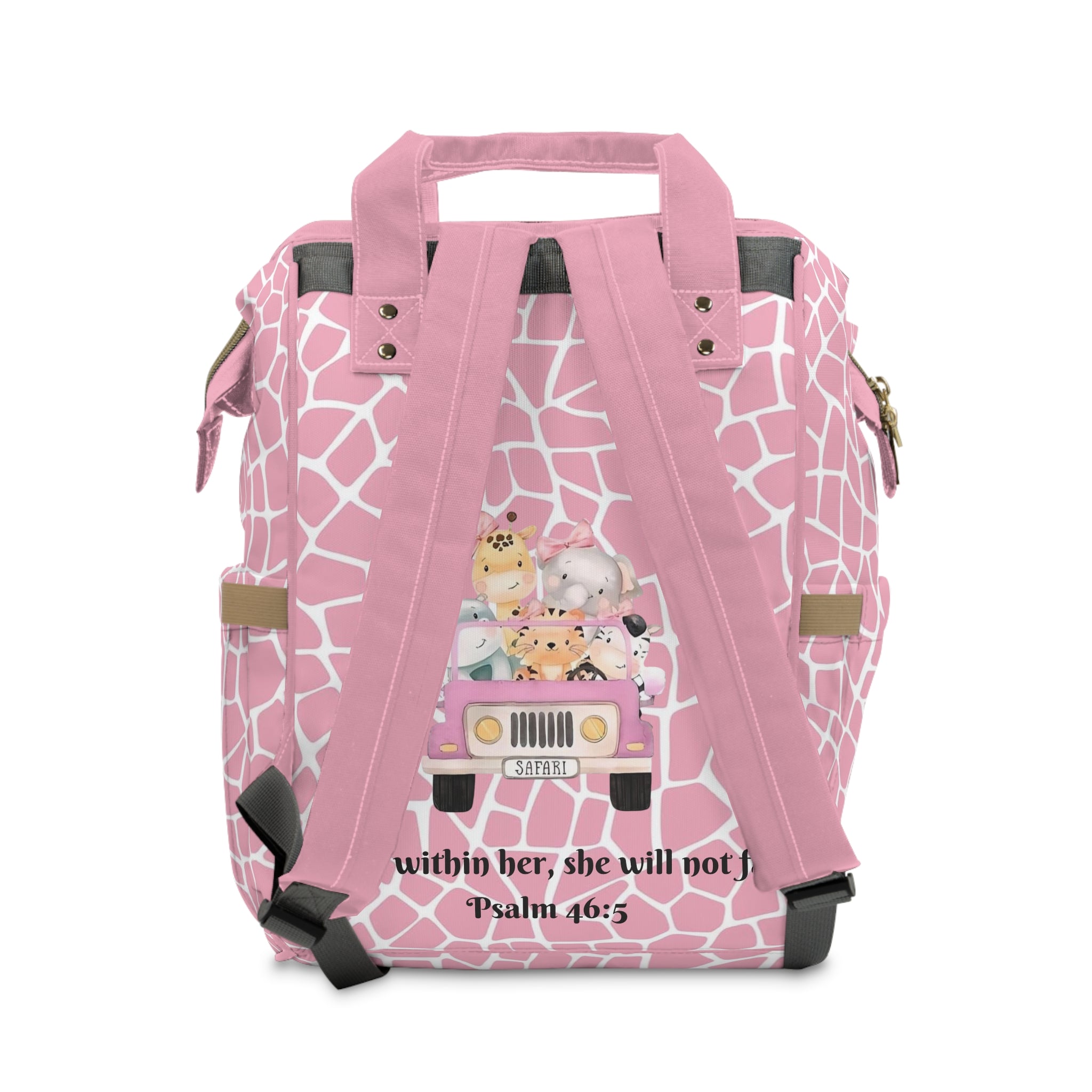 Girls Safari Baby Diaper Backpack with "Psalm 46:5" Scripture