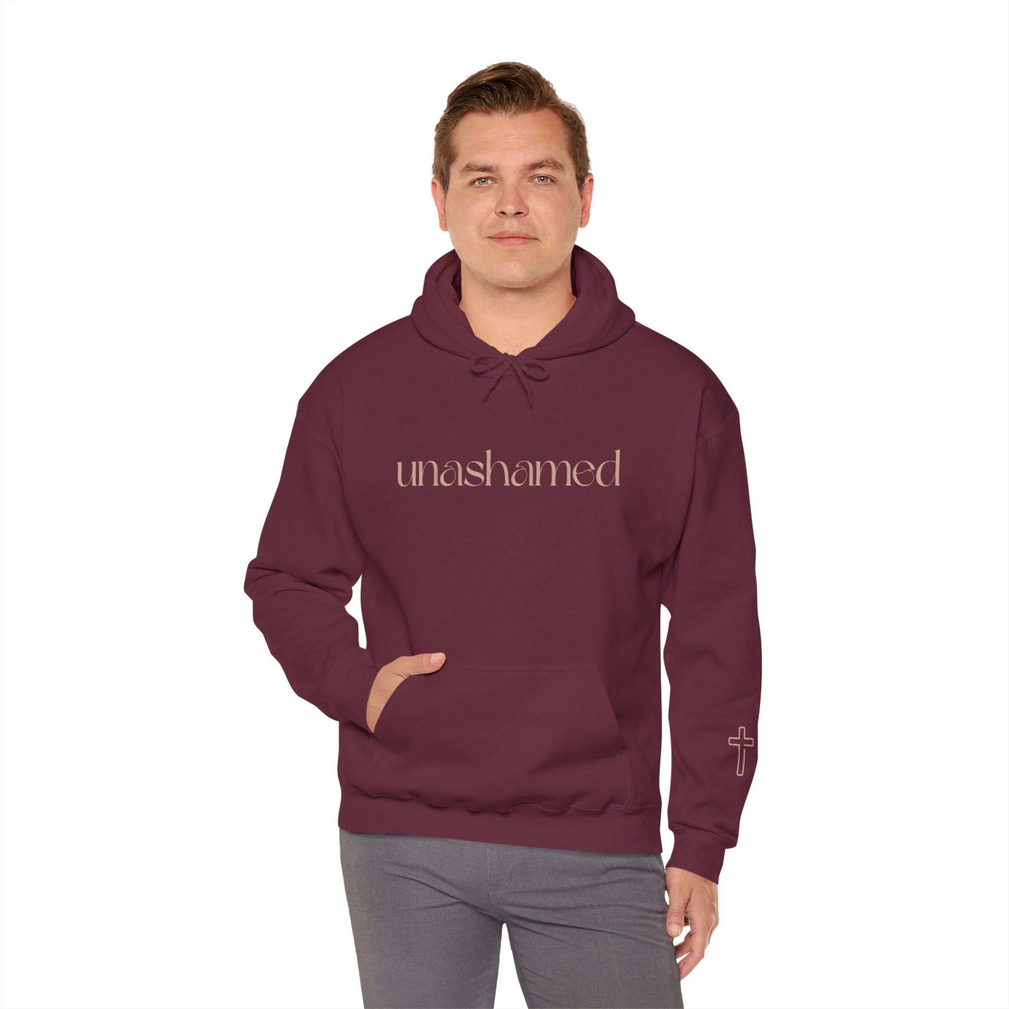 Men & Women Hoodies (Unisex) - I am UNASHAMED beige font