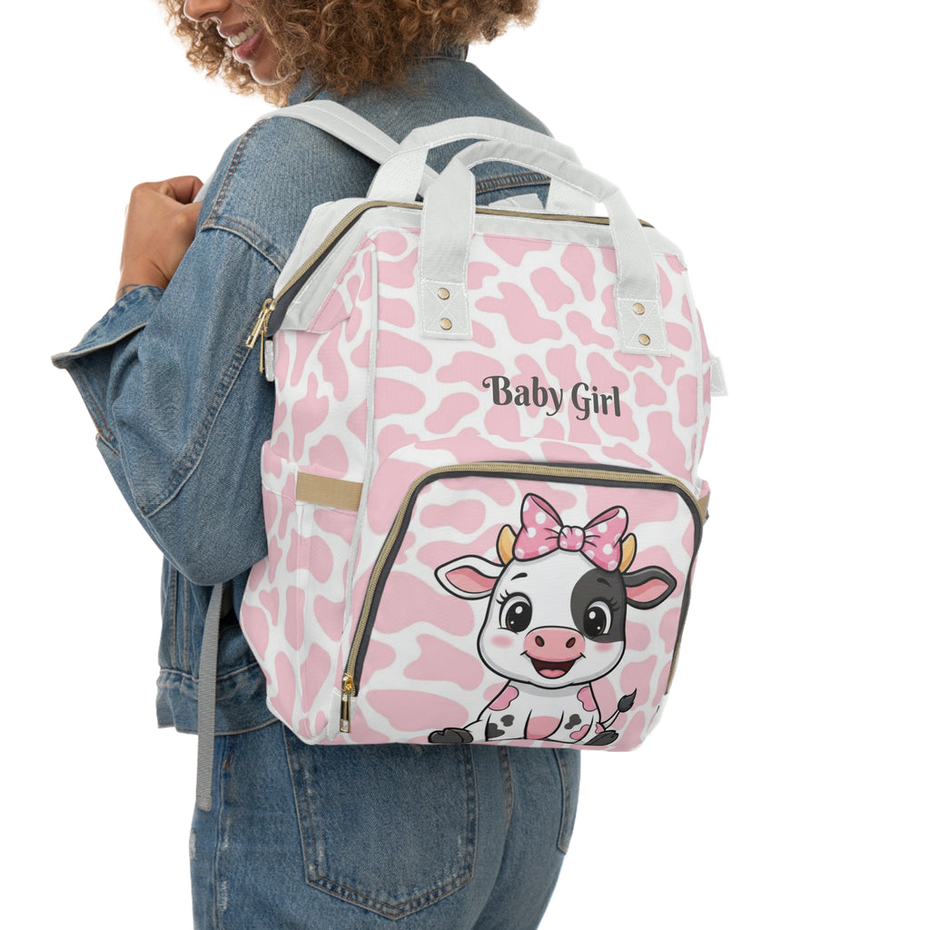 Girls Cow Baby Diaper Backpack with "Psalm 46:5" Scripture