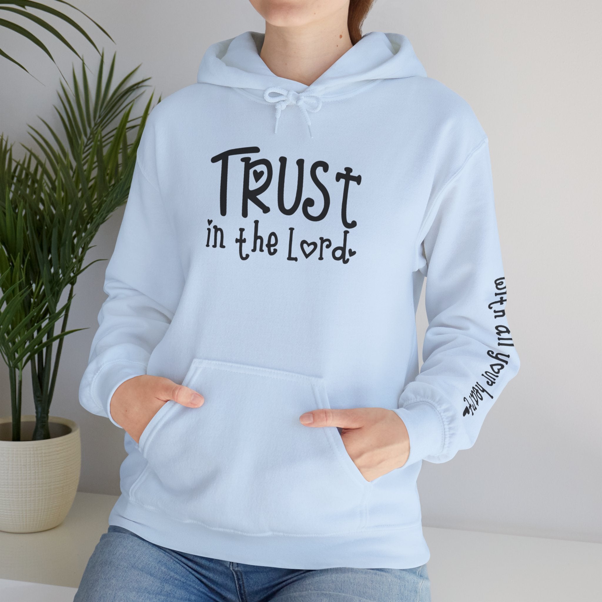 Trust in the Lord Hoodie | Faith Christian Heart Sleeve Design
