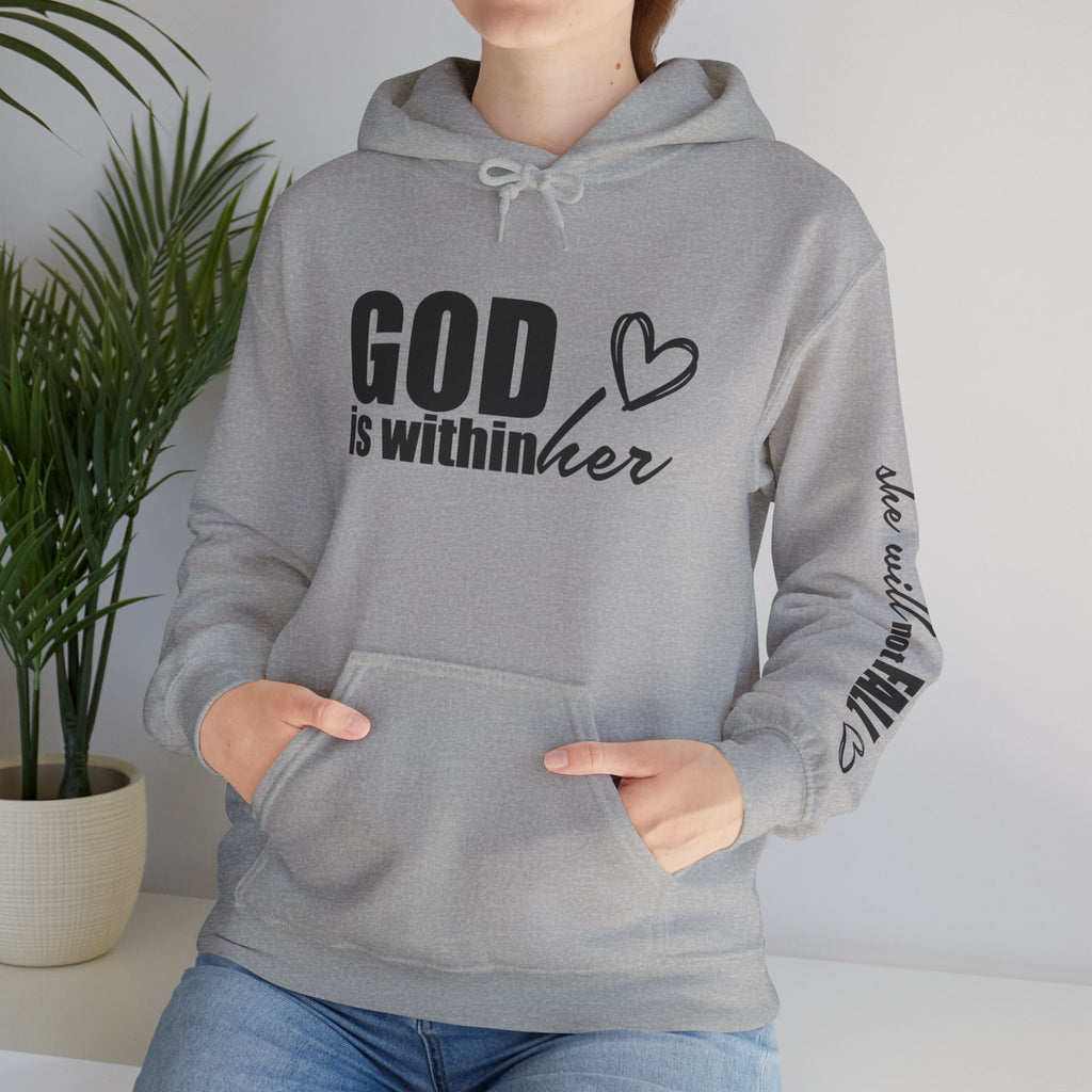 God is Within Her Hoodie | Faith Christian Heart Sleeve Design