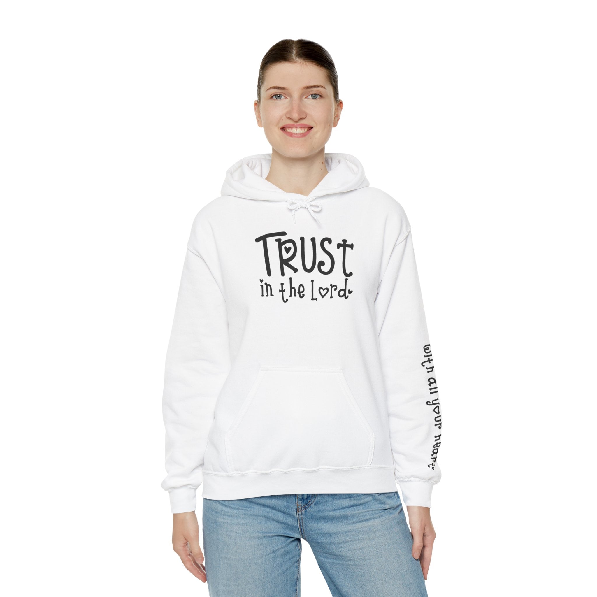 Trust in the Lord Hoodie | Faith Christian Heart Sleeve Design