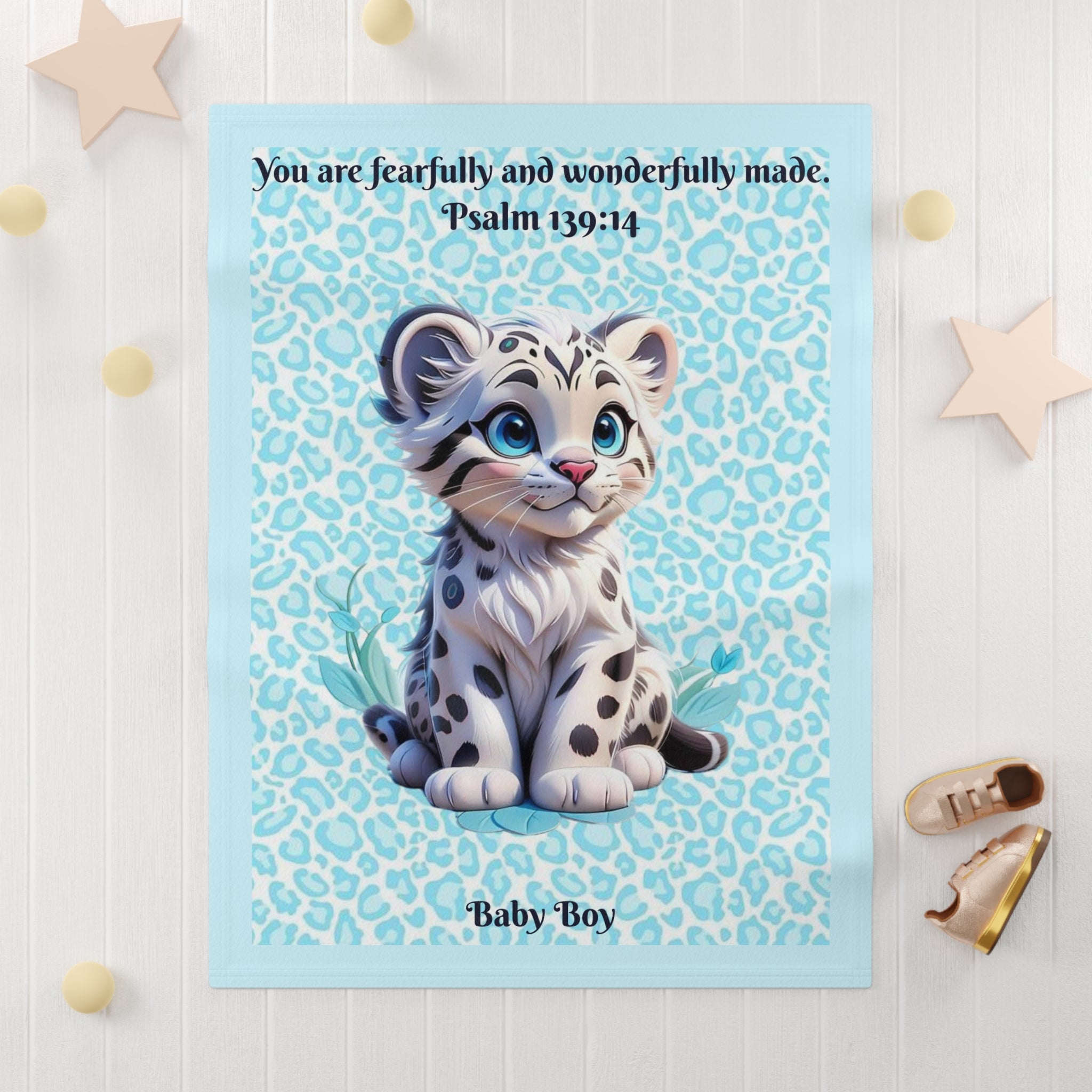 Boys Leopard Baby Blanket with "Psalm 139:14" Scripture
