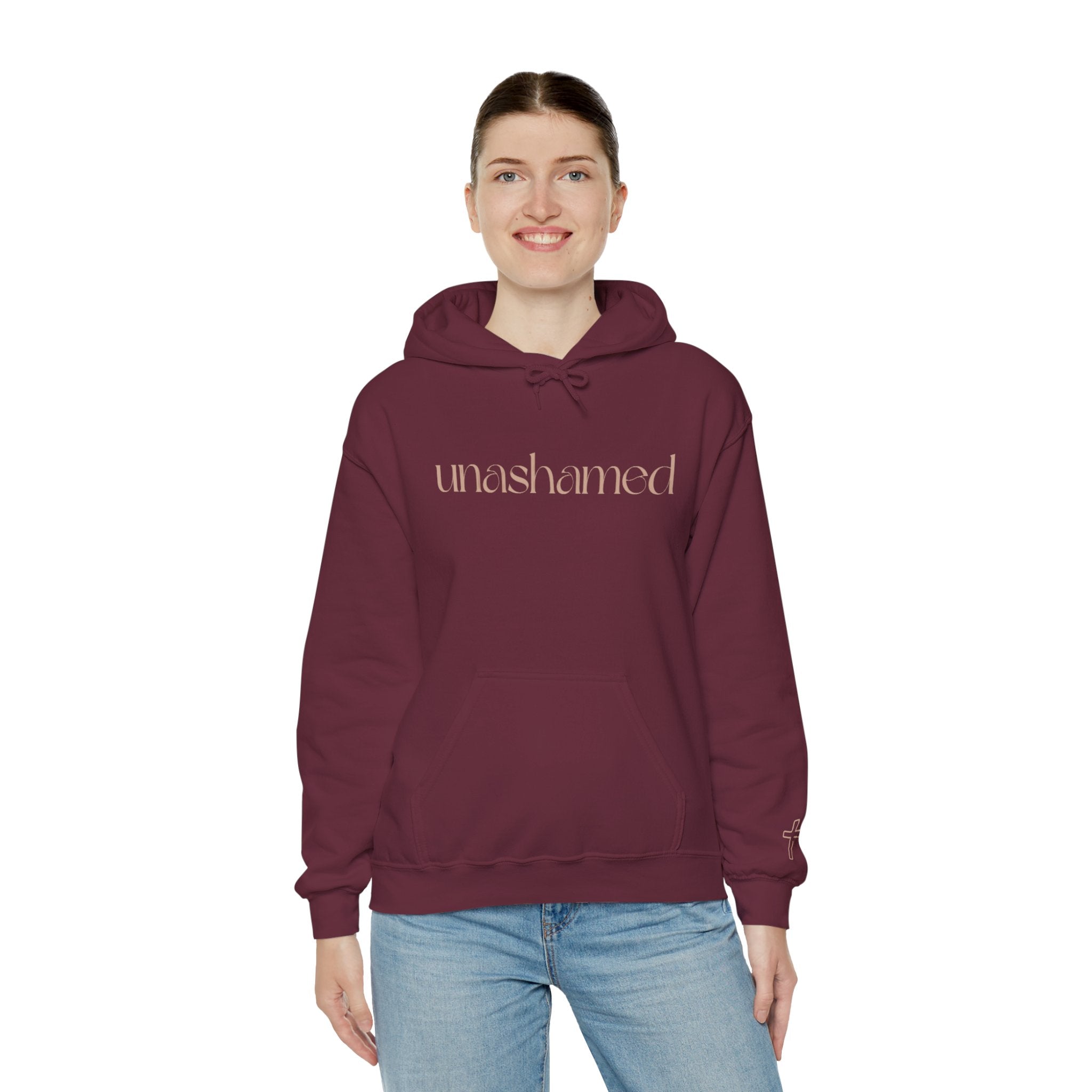 Men & Women Hoodies (Unisex) - I am UNASHAMED beige font