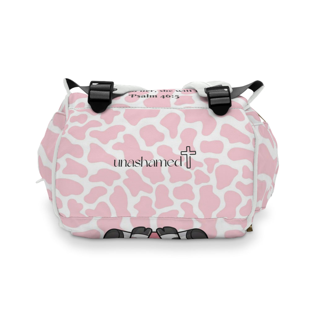 Girls Cow Baby Diaper Backpack with "Psalm 46:5" Scripture