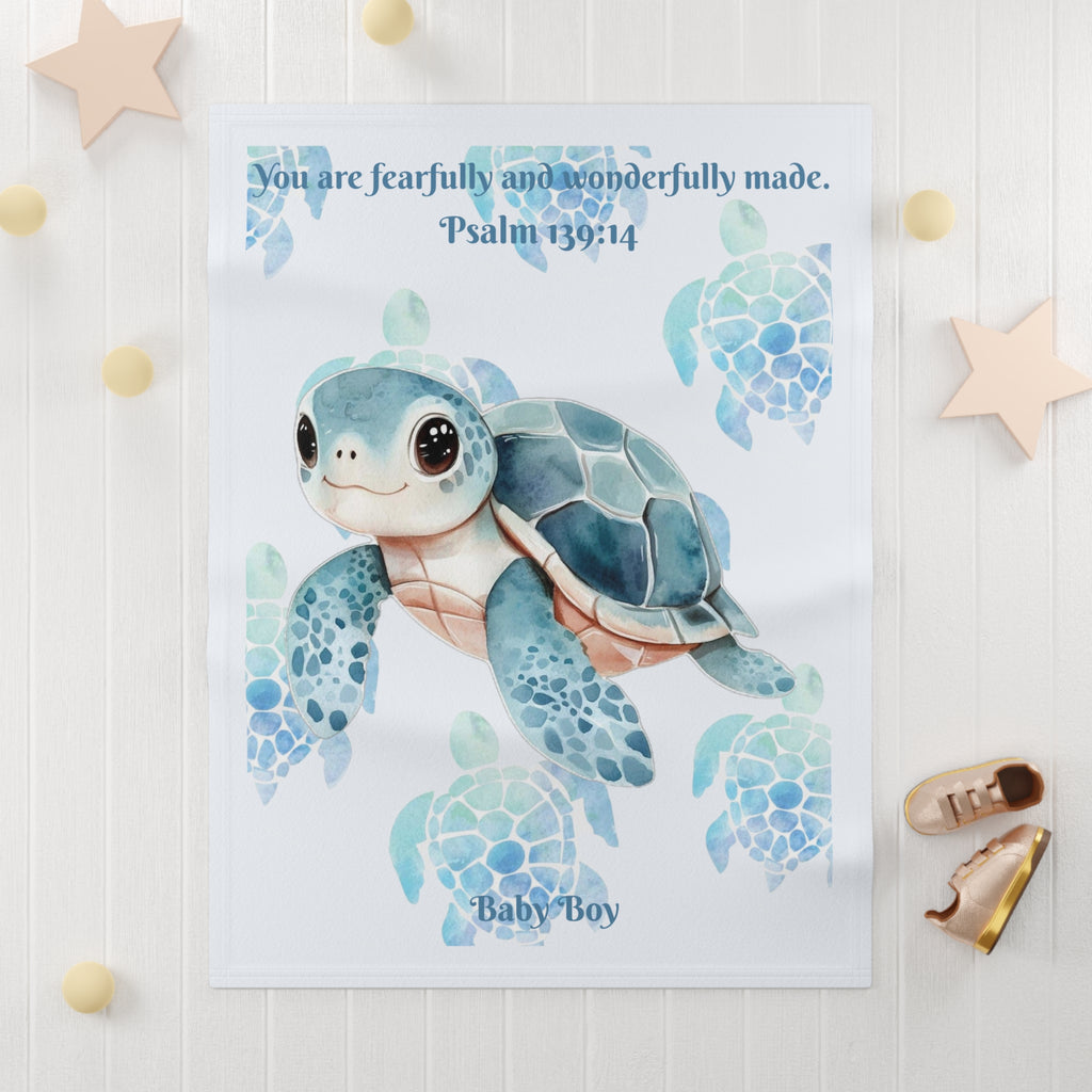 Boys Turtle Baby Blanket with "Psalm 139:14" Scripture