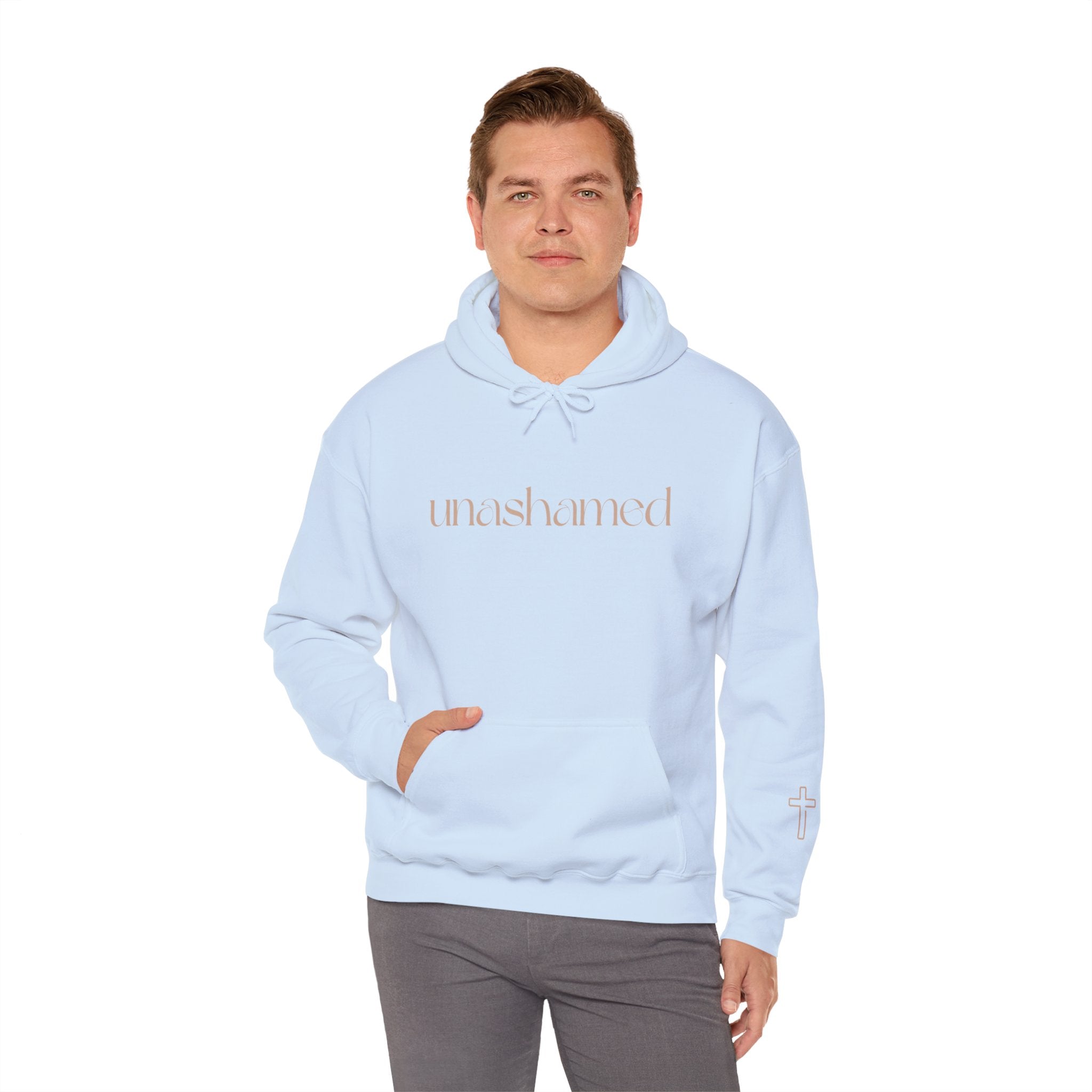 Men & Women Hoodies (Unisex) - I am UNASHAMED beige font