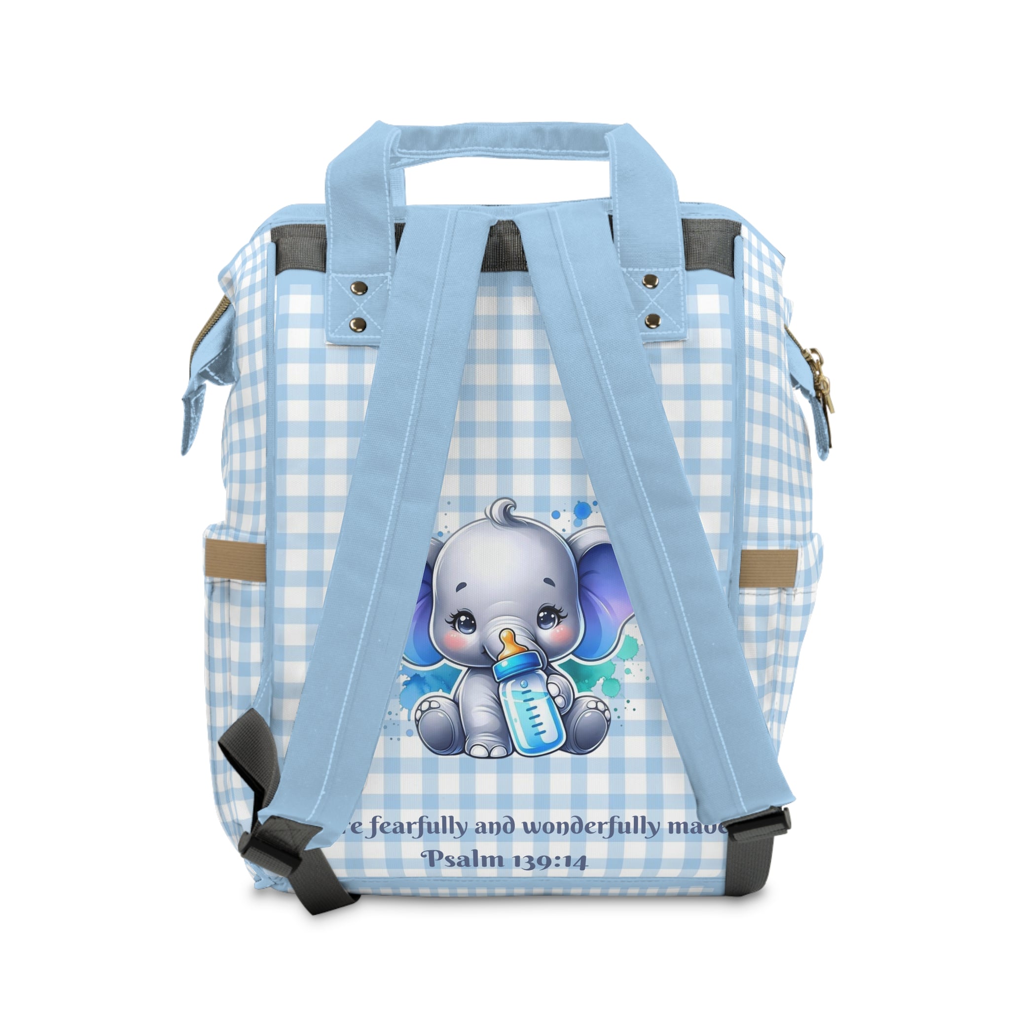 Boys Elephant Baby Diaper Backpack with "Psalm 139:14" Scripture