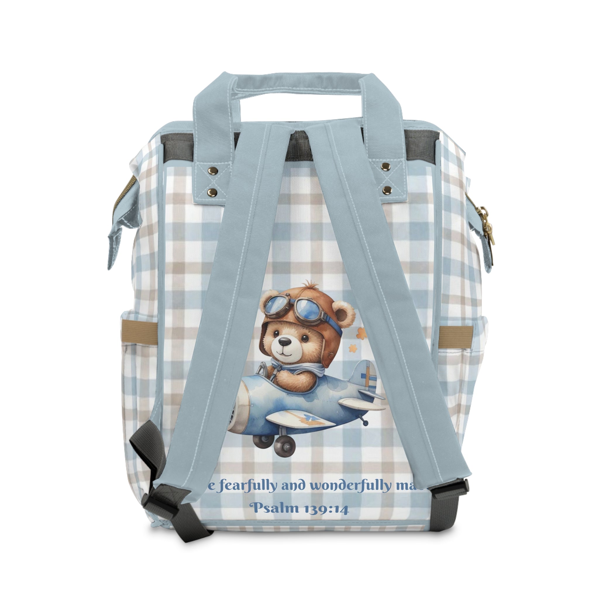 Boys Bear Baby Diaper Backpack with "Psalm 139:14" Scripture