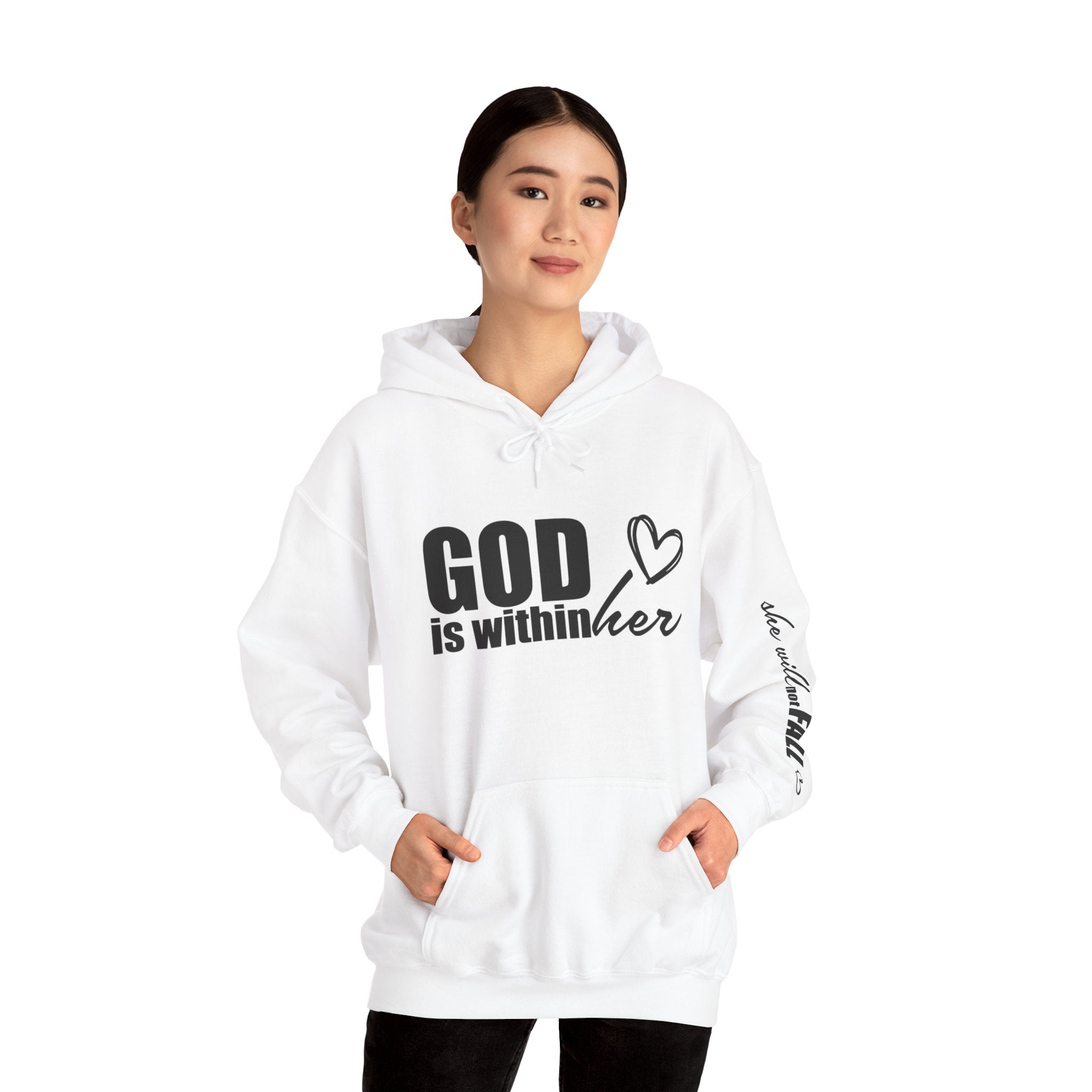 God is Within Her Hoodie | Faith Christian Heart Sleeve Design