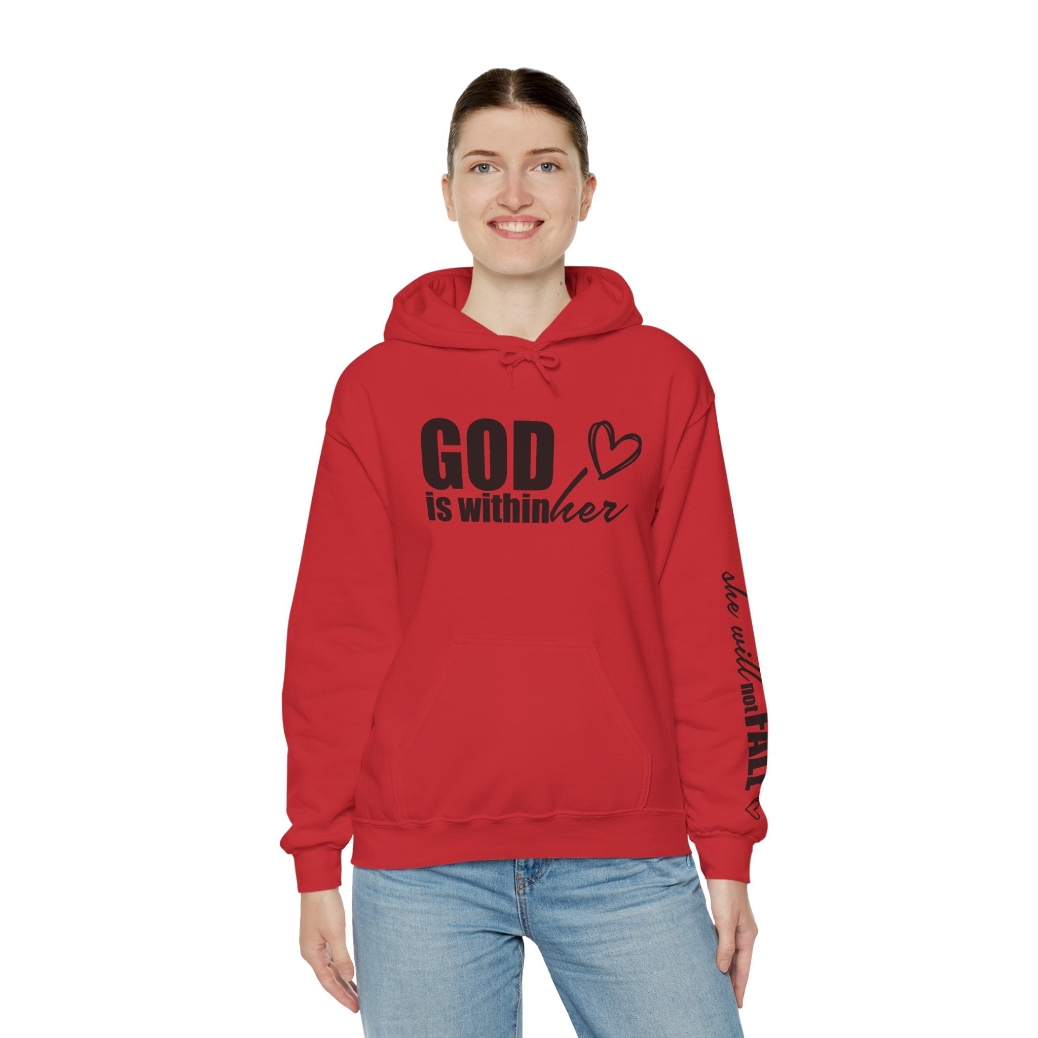 God is Within Her Hoodie | Faith Christian Heart Sleeve Design