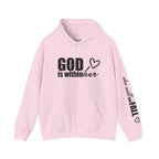 God is Within Her Hoodie | Faith Christian Heart Sleeve Design