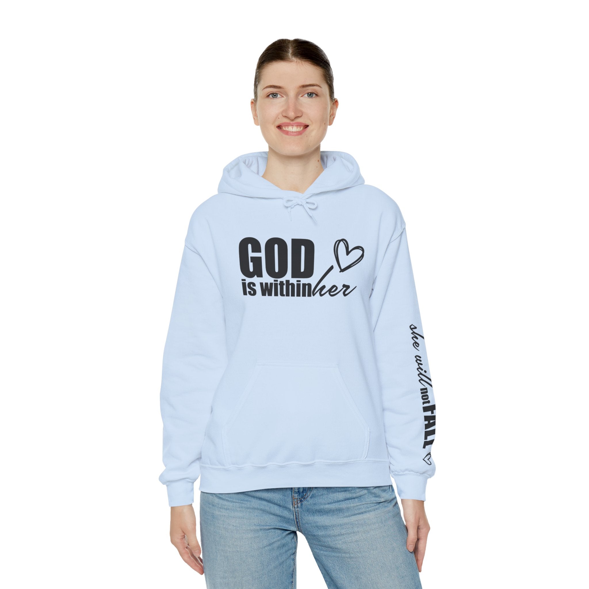 God is Within Her Hoodie | Faith Christian Heart Sleeve Design