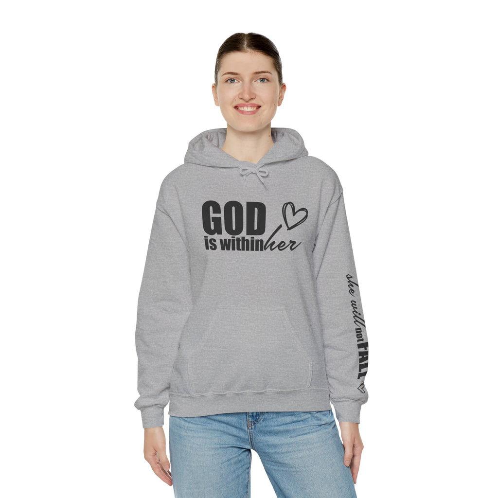 God is Within Her Hoodie | Faith Christian Heart Sleeve Design