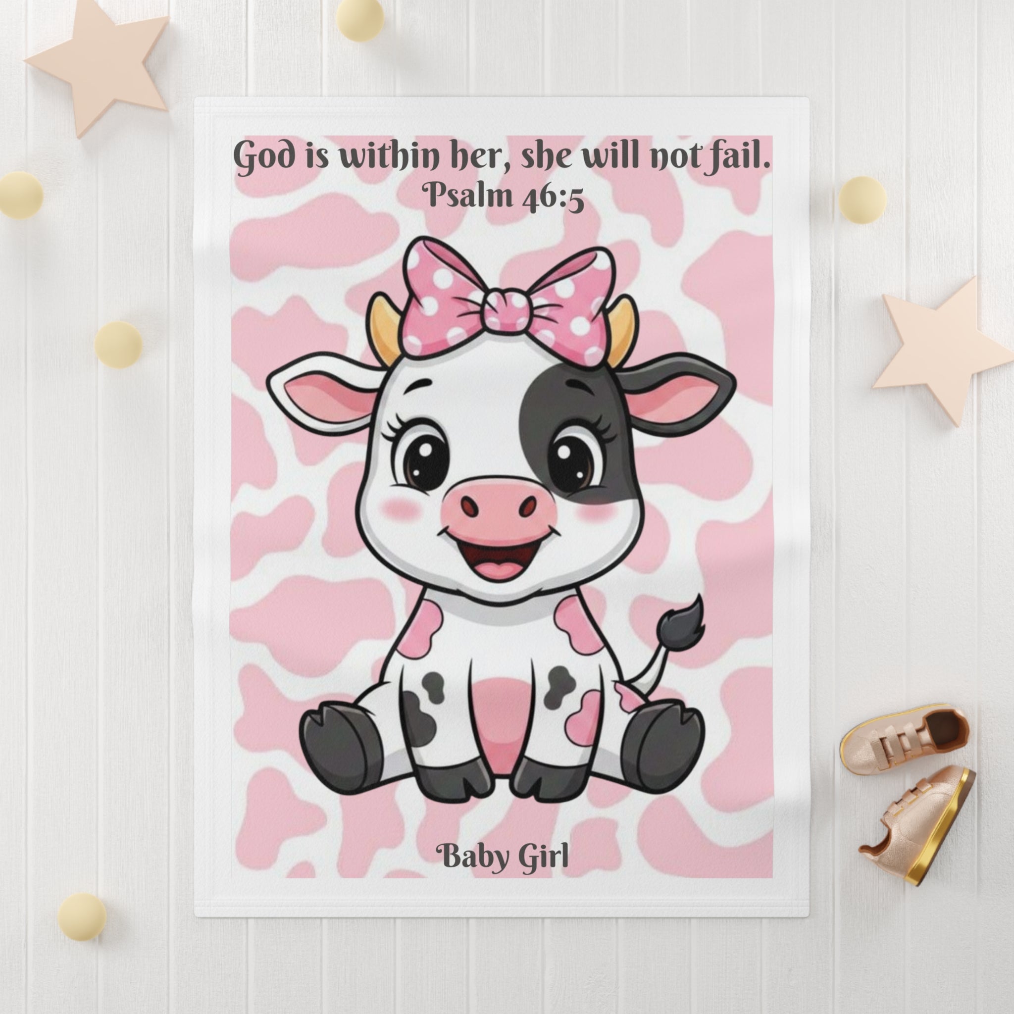 Girls Cow Baby Blanket with "Psalm 46:5" Scripture