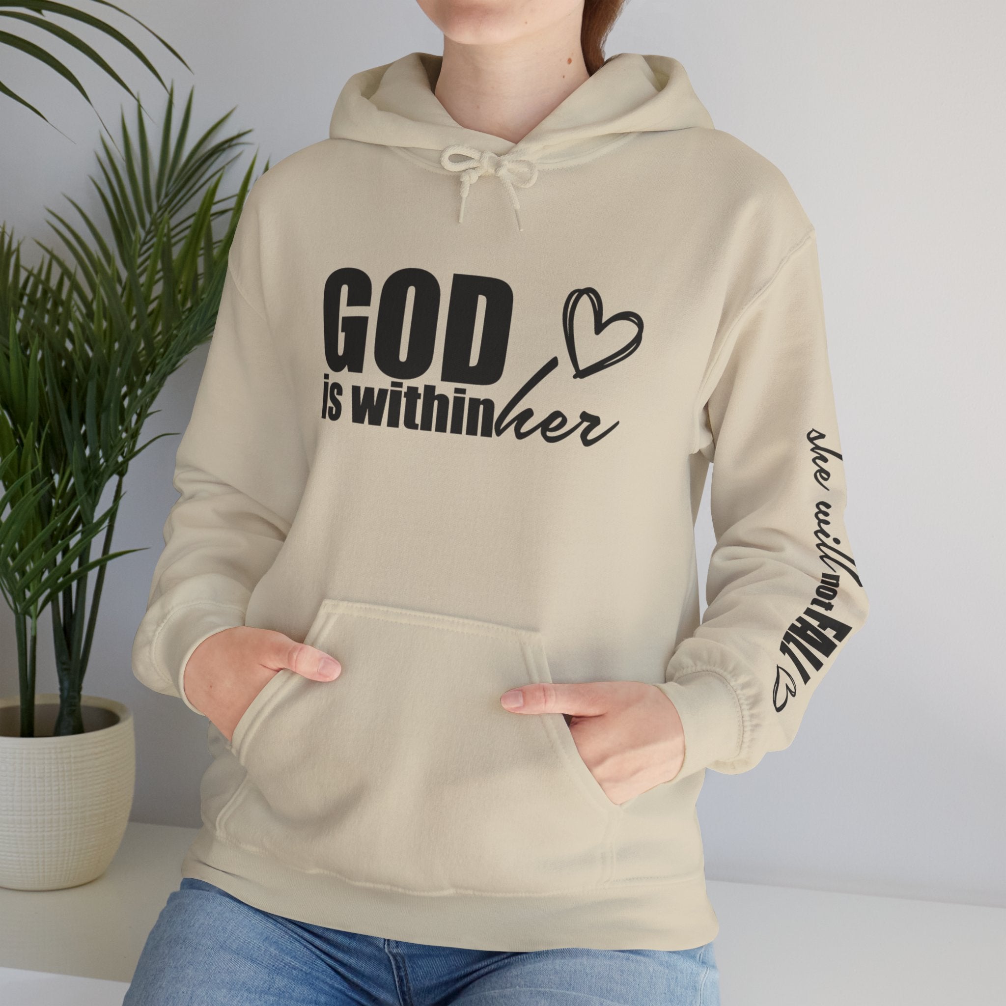 God is Within Her Hoodie | Faith Christian Heart Sleeve Design