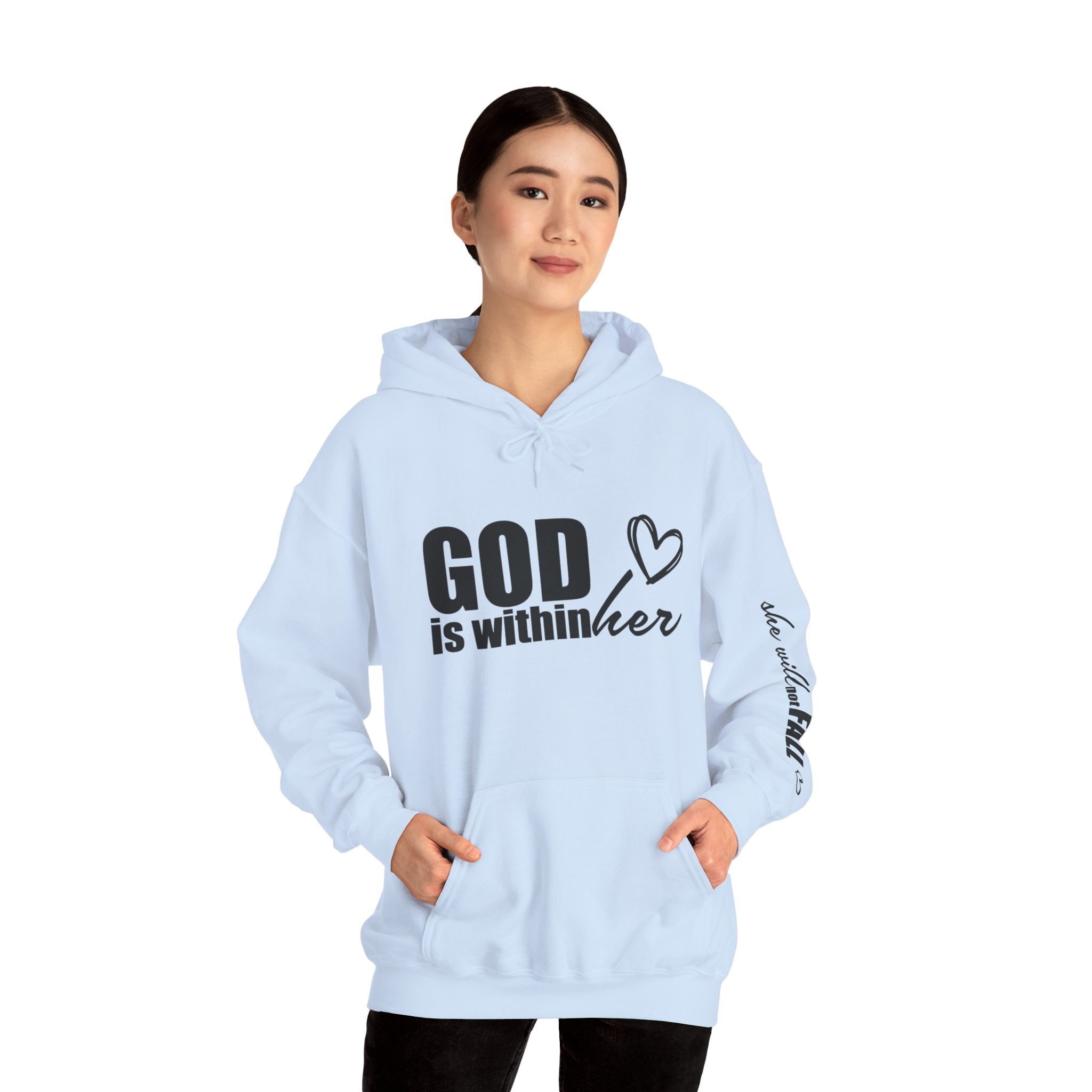 God is Within Her Hoodie | Faith Christian Heart Sleeve Design