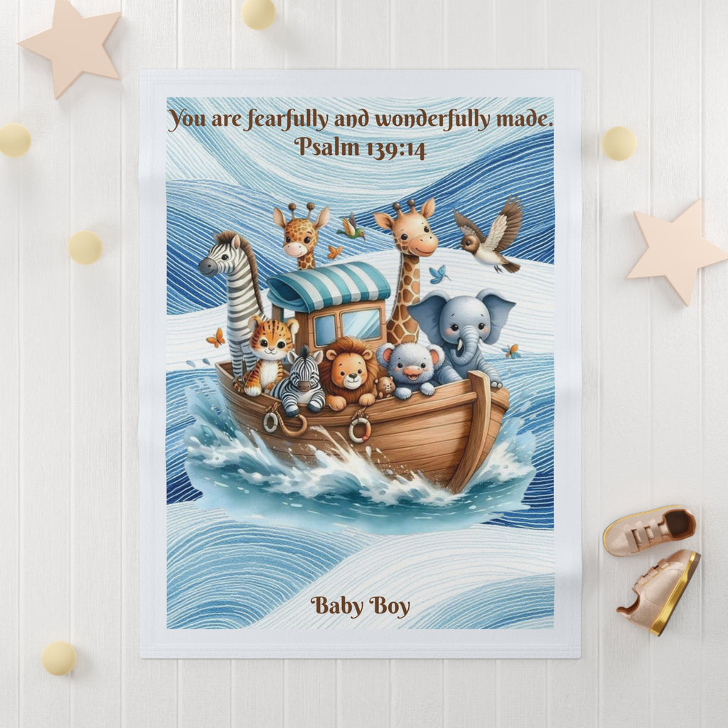 Boys Noah's Ark Baby Blanket with "Psalm 139:14" Scripture