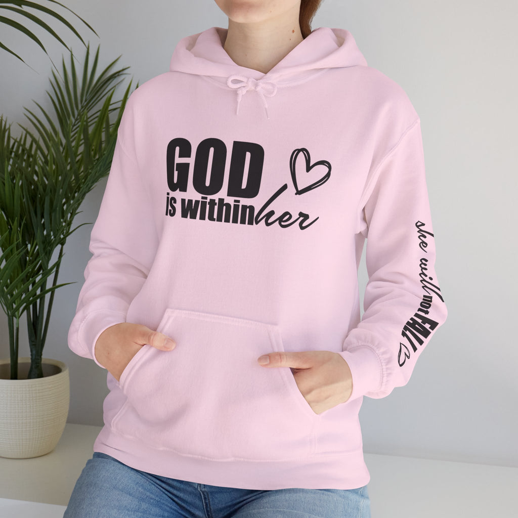 God is Within Her Hoodie | Faith Christian Heart Sleeve Design