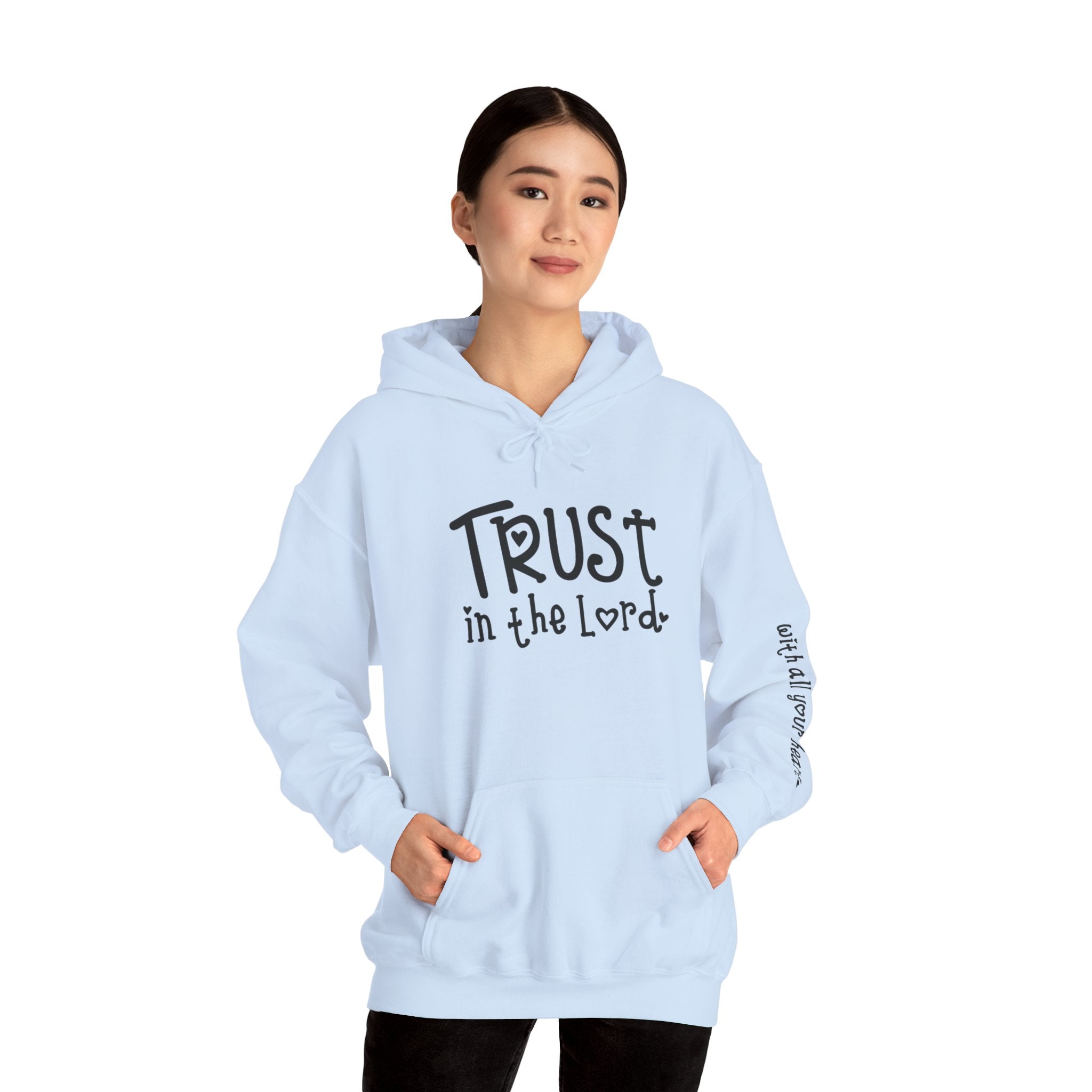Trust in the Lord Hoodie | Faith Christian Heart Sleeve Design