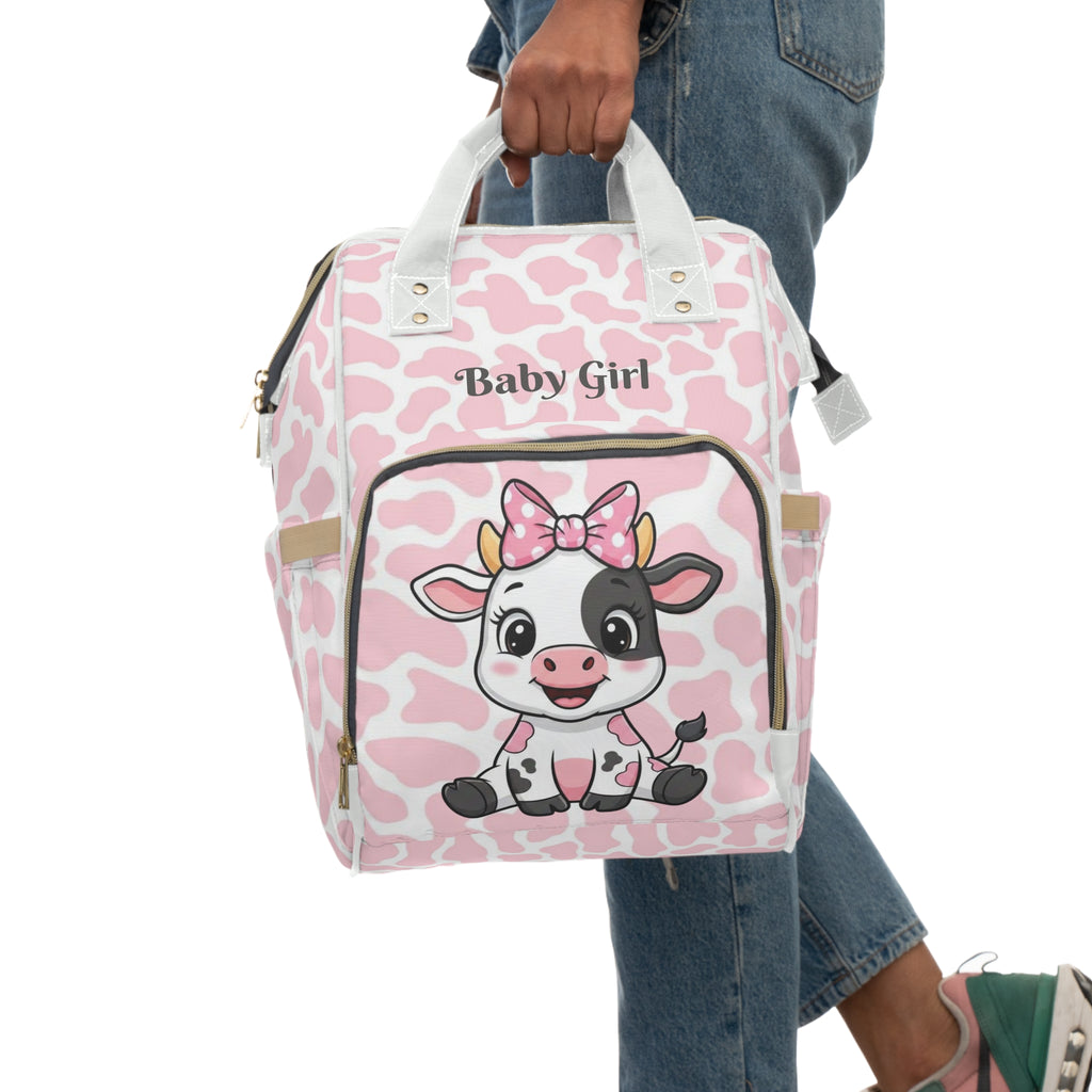 Girls Cow Baby Diaper Backpack with "Psalm 46:5" Scripture