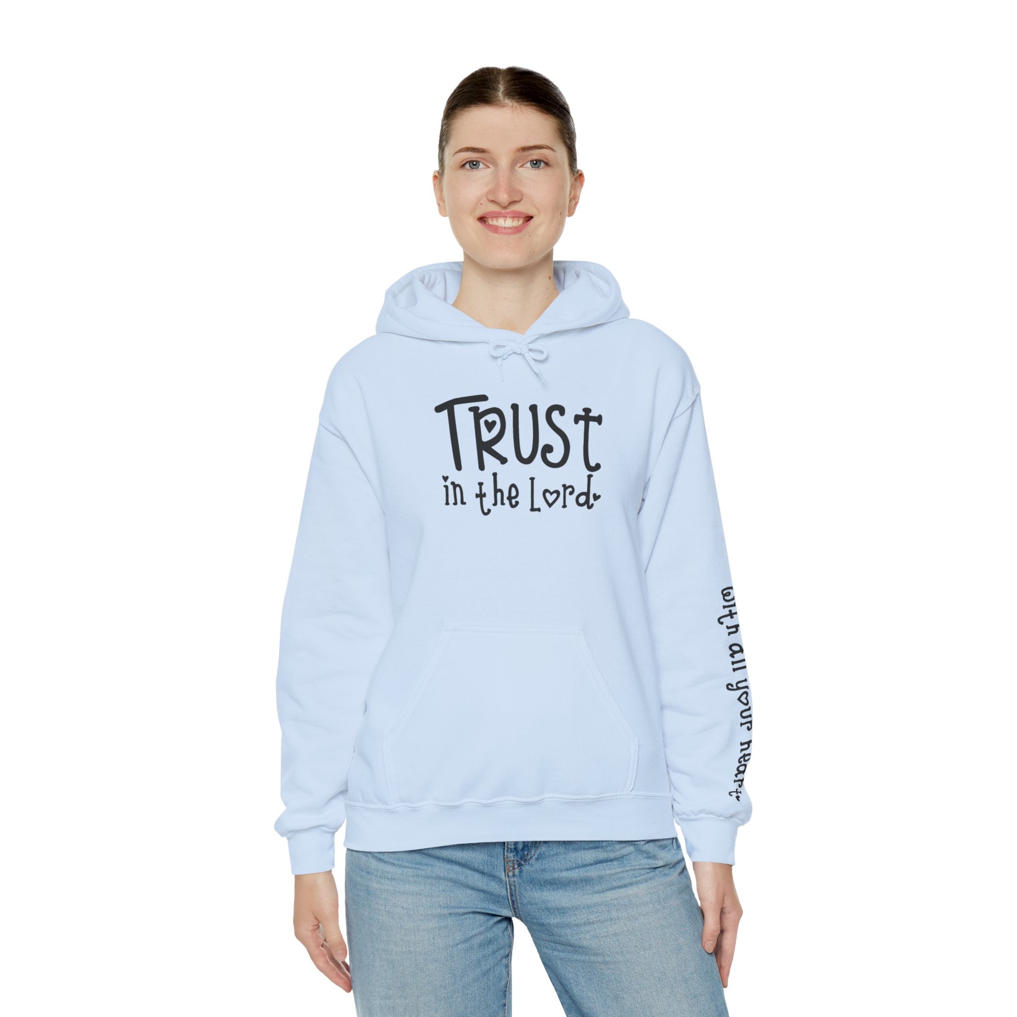 Trust in the Lord Hoodie | Faith Christian Heart Sleeve Design