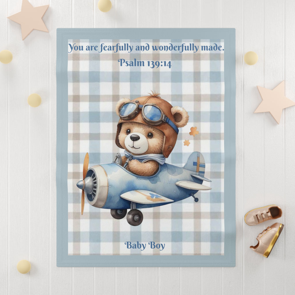 Boys Bear Baby Blanket with "Psalm 139:14" Scripture