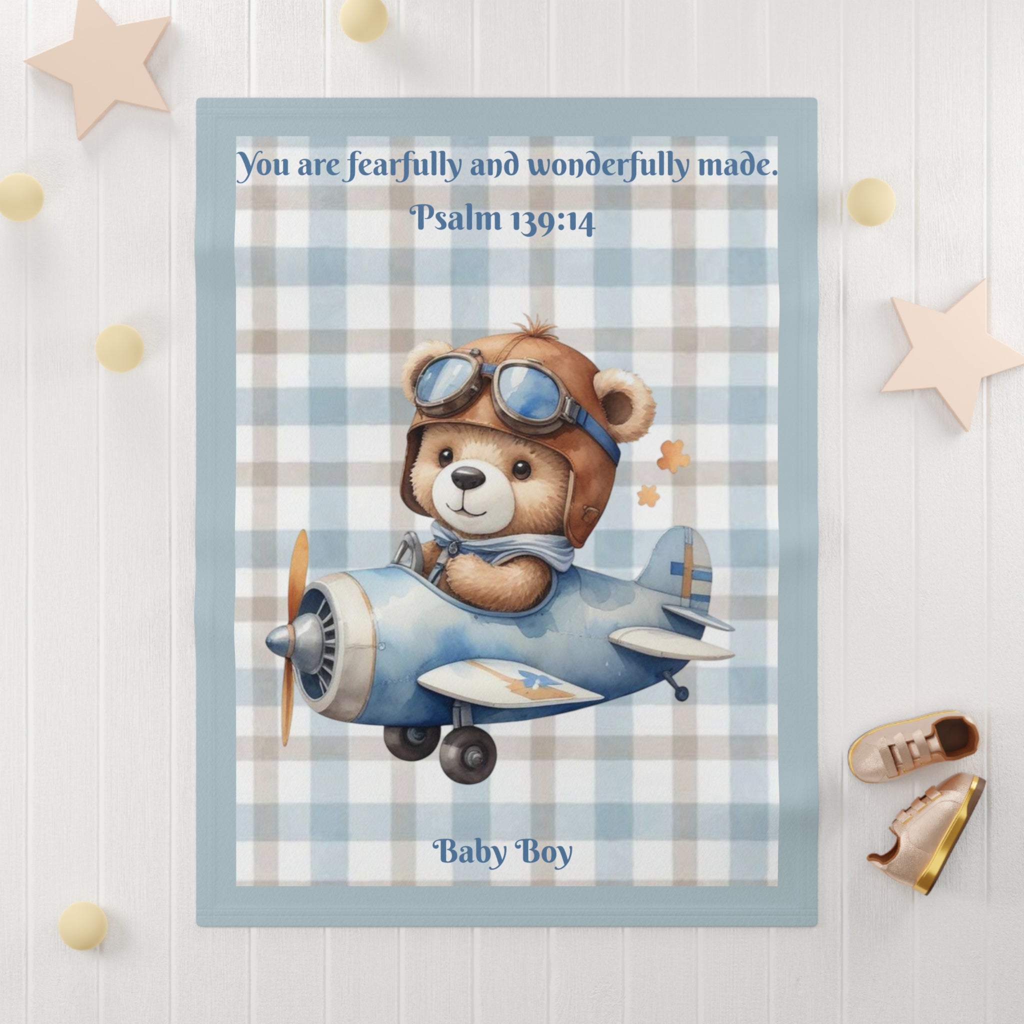 Boys Bear Baby Blanket with "Psalm 139:14" Scripture