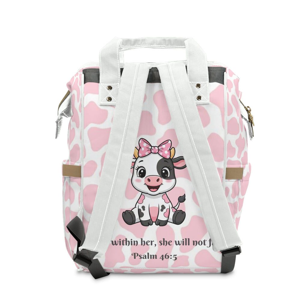 Girls Cow Baby Diaper Backpack with "Psalm 46:5" Scripture