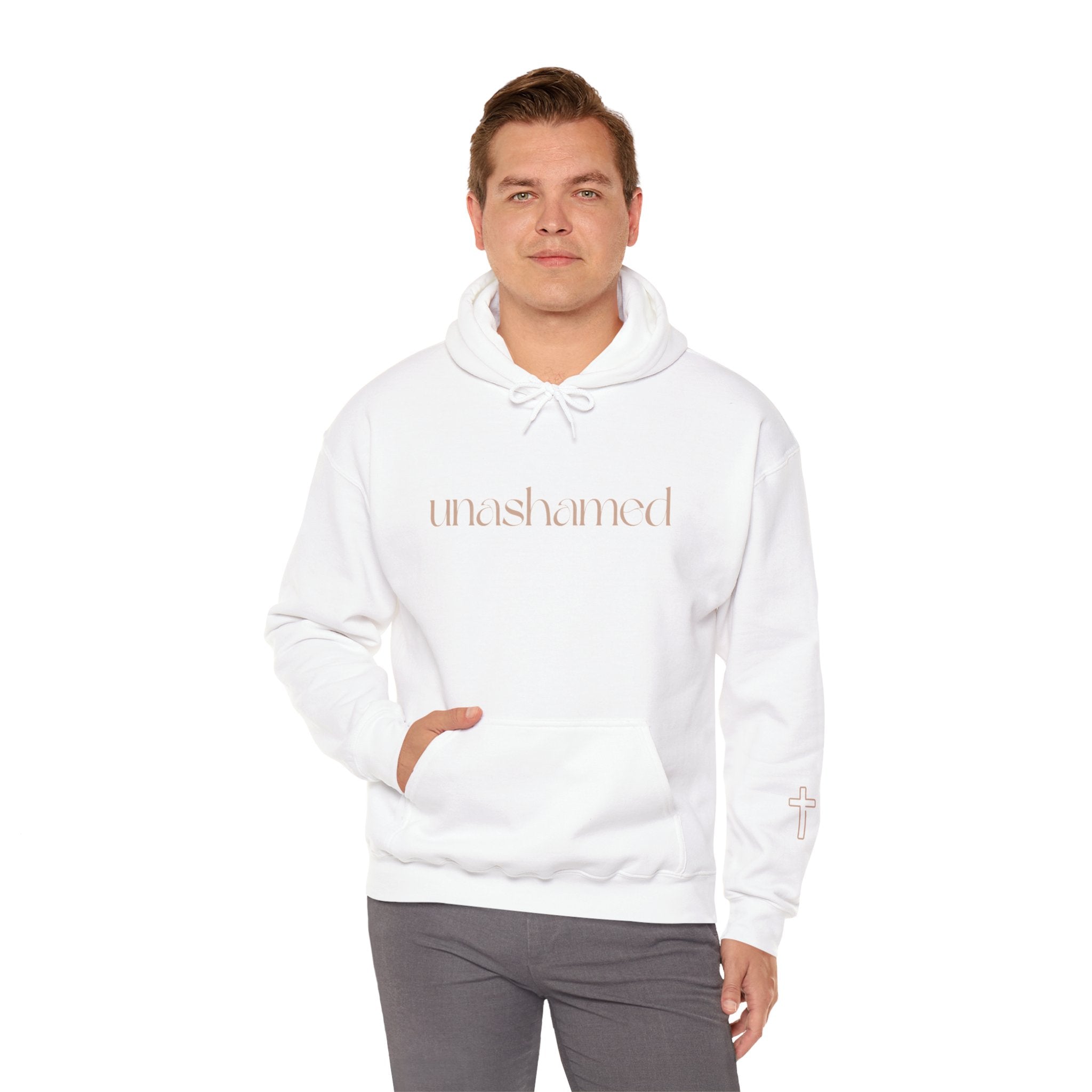 Men & Women Hoodies (Unisex) - I am UNASHAMED beige font