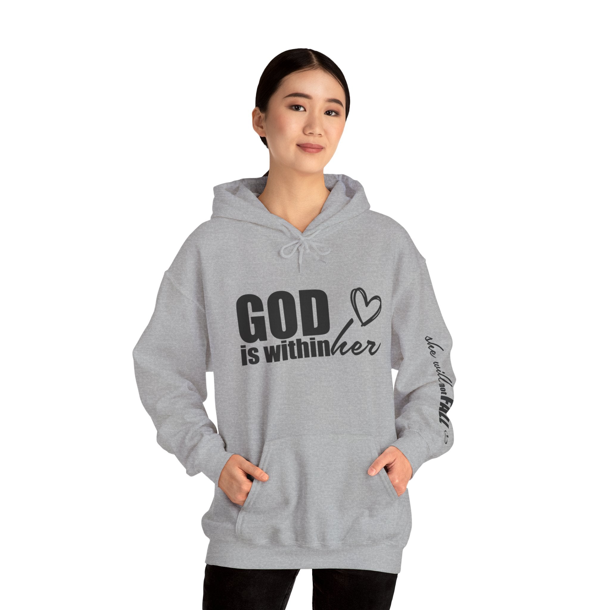 God is Within Her Hoodie | Faith Christian Heart Sleeve Design